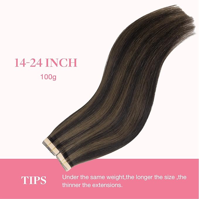 GOO GOO Tape in Hair Extensions Human Hair, 2/6 Dark Brown Highlighted Chestnut Brown, 22inch 100g 40pcs, Skin Weft Seamless Invisible, Silky Straight with Thick Ends, Remy Human Hair