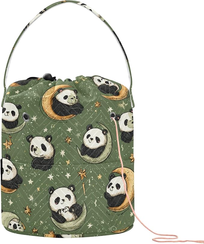 Sage Green Panda Crescents Stars Yarn Bag Small Crochet Bag Drawstring Yarn by Tatenale
