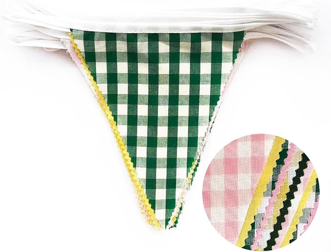 32Ft Camp Bride Party Decorations Pink Green Yellow Gingham Fabric Triangle - Image 2