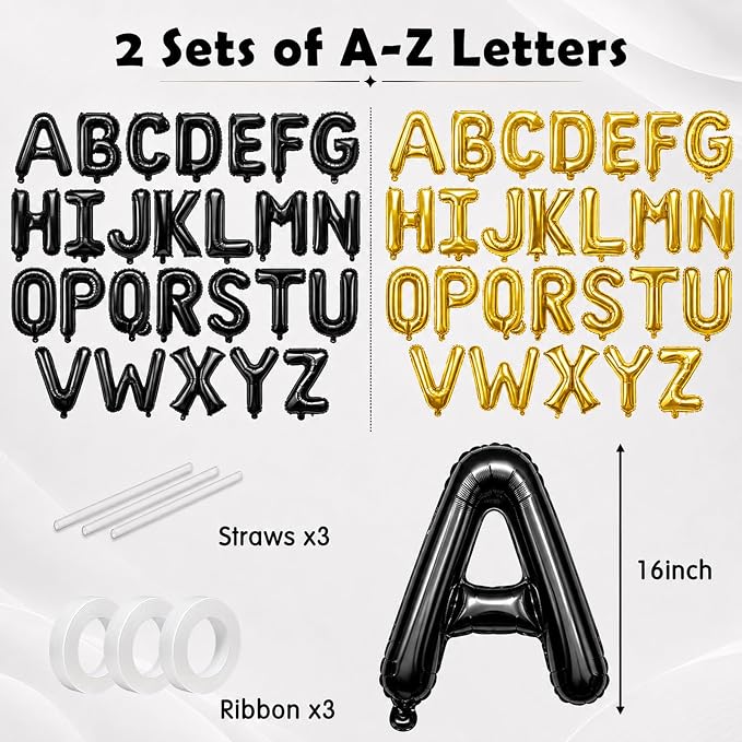 52 Pcs Letter Balloons Black Gold Balloon Banner 16 Inch 2 Sets A- Z Alphabet - Image 2
