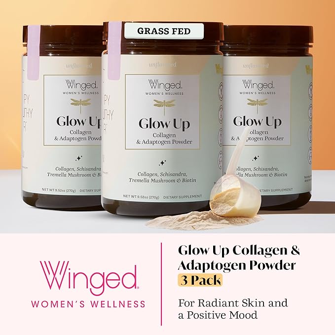 Winged Wellness Glow Up, Collagen Powder for Women - Hair, Skin & Nails Beauty Supplement with Grass-Fed Hydrolyzed Collagen Peptides Adaptogens, Vitamin C & Biotin – 3-Pack, Unflavored