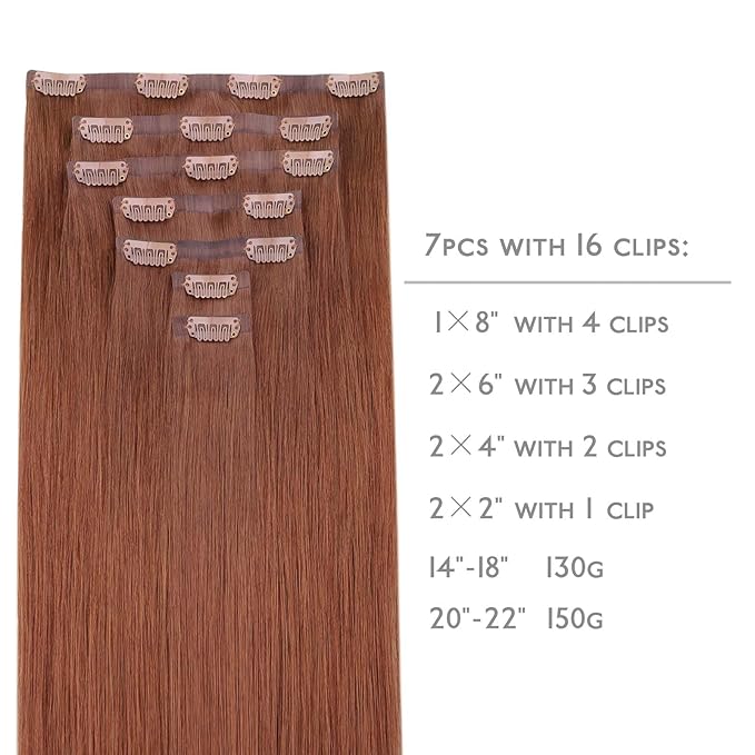 WENNALIFE Seamless Clip In Hair Extensions Human Hair, 24 Inch 160g 7pcs Dark Auburn Copper Real Hair Extensions Clip in Human Hair Invisible PU Skin Weft Natural Remy Human Hair Extensions