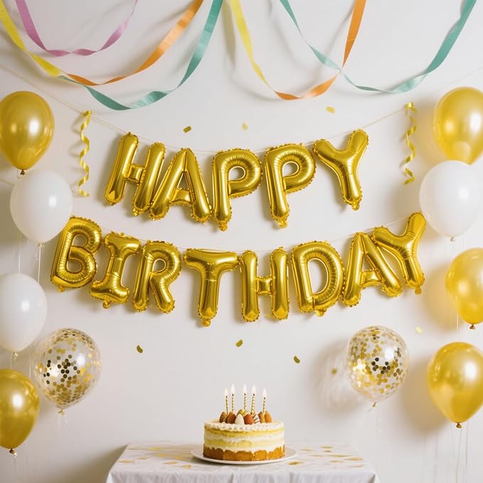 Gold Happy Birthday Balloon Banner Set -16 Inch Foil Letters Balloons, Reusable - Image 3