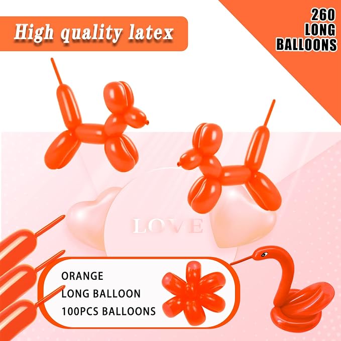 260 Long Balloons 100 Pack Orange Twisting Animal Balloons Thickening Latex - Image 2