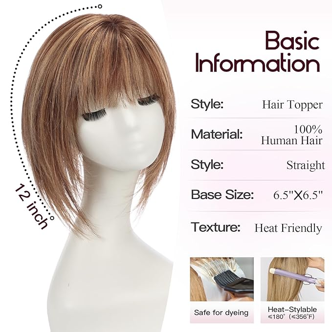 EMMOR 12 Inch Human Hair Topper for Women - Real Hair Topper with Bangs & 6.5" × 6.5" Larger Base, Natural Thin Hair Solution for Women(Mixed Brown)
