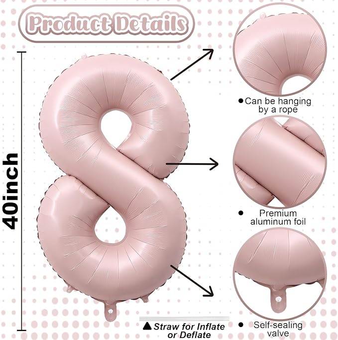Pastel Pink 8 Balloons, Self Inflating Digit 8 Balloons - Image 2