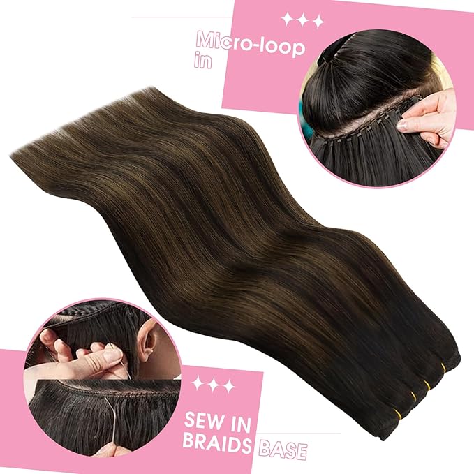YoungSee Weft Hair Extensions Brown Balayage Straight Weft Hair Extensions Human Hair Ombre Sew in Extensions Dark Roots to Medium Brown Highlights Remy Hair 20Inch 100G
