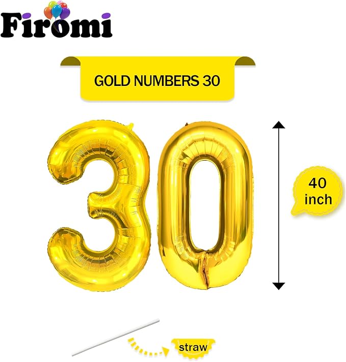 FIROMI 30 Number Balloons Gold Big Foil Mylar 30th Balloon Numbers 40-inch | - Image 2