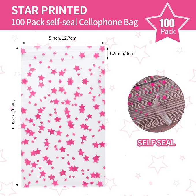COQOFA 100 Pcs Star Printed Sealable Gift Wrap Cello Cellophane Bags Self - Image 2