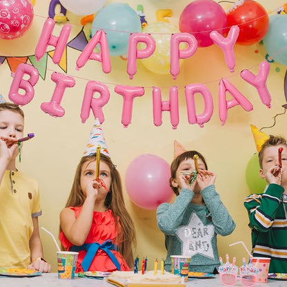 Happy Birthday Balloons Banner Pink Mylar Letter Sign | 16 Inch Reusable Foil - Image 2