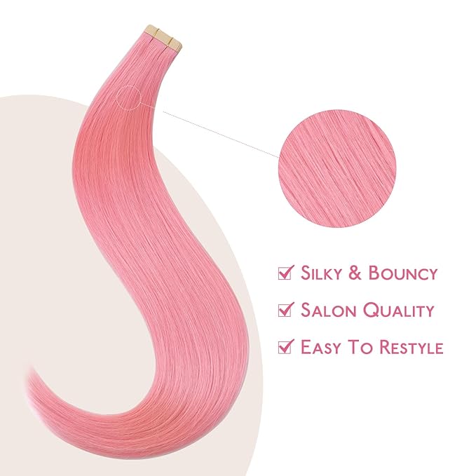 WENNALIFE Tape in Hair Extensions Human Hair Peach Pink, 10pcs 25g 18 inch Remy Hair Invisible Tape Ins Straight Colored Soft Refill Set Extensiones De Cabello Humano Con