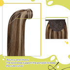 RUNATURE Ponytail Extension Human Hair, Long Real Hair Ponytail Extension with Magic Paste, Natural Remy Hair for Daily Wearing, 20 Inch 80g #3P12 Dark Brown Highlight Honey Blonde