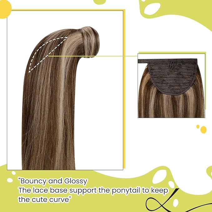 RUNATURE Ponytail Extension Human Hair, Real Hair Ponytail Extension Remy, Human Hair Ponytail Wrap Around, Remy Natural Hair Tangle Free, 18 Inch 80g #3P12 Walnut Brown Highlight Honey Blonde