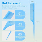 Rat Tail Comb 2Pcs Rat Tail Combs for Women, Fine Tooth Parting Tip Carbon Fiber Root Teasing Anti Static Combs for Styling (2Pcs Blue)