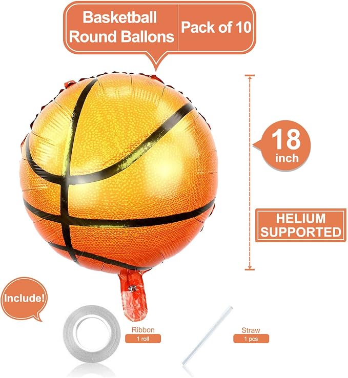 10 Pack 18 Inch Basketball Foil Balloons Helium Metallic Mylar Balloons - Image 2