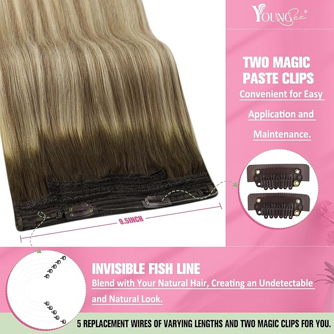 YoungSee 120G Invisible Wire Hair Extensions Ombre Wire Human Hair Extensions Walnut Brown Balayage Light Brown with Blonde Human Hair Fish Line Extension Easy to Wear 18inch