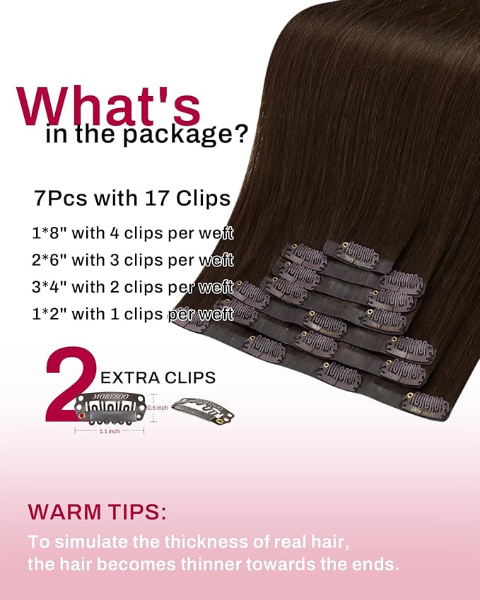 Moresoo Brown Seamless Clip in Hair Extensions Human Hair Medium Brown Hair Extensions Clip ins Long for Women Pu Skin Double Weft 120g/7pcs 20 inch