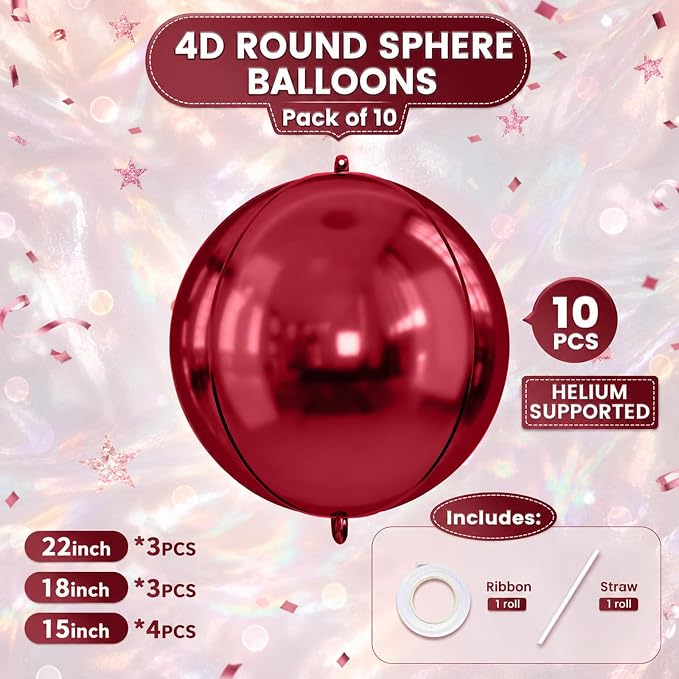 10Pcs Red Round Foil Balloons, Metallic Silver Dark Red Foil Baloon - Image 3