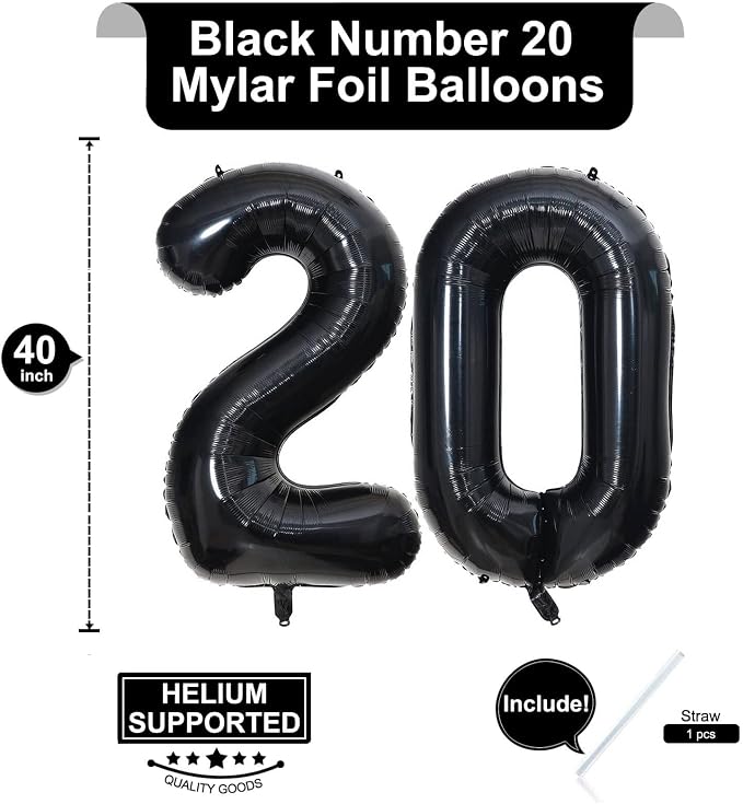 40 Inch Black 20 Number Balloons Giant 20 Balloons Black Birthday Balloons 20th - Image 2