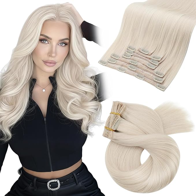 Moresoo Clip in Hair Extensions Real Human Hair Blonde Human Hair Clip in Extensions Platinum Blonde Double Weft 120g/7pcs 18 inch