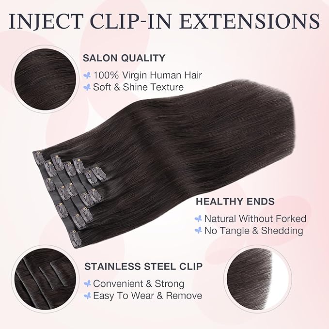 DOORES Hair Extensions Real Human Clip in 20 inch 120g 7pcs Invisi Edge, Seamless Clip in Hair Extensions Invisible Clipins Virgin Injected Skin Weft, 2 Dark Brown