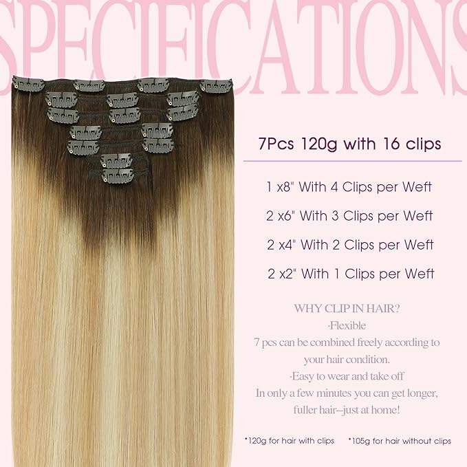 PINKPEARL Clip in Hair Extensions Real Human Hair, Remy Human Hair Extensions Clip ins, 18inch 120g 7Pcs, #4/27/60 Balayage Chocolate Brown to Caramel Blonde and Platinum Blonde(#4/27/60-18)