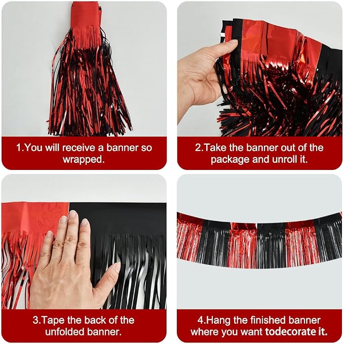 BEISHIDA Red Black Fringe Garland Banner 30ft Wall Tinsel Foil Streamers | 3Pack - Image 2