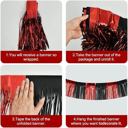 BEISHIDA Red Black Fringe Garland Banner 30ft Wall Tinsel Foil Streamers | 3Pack - Image 2