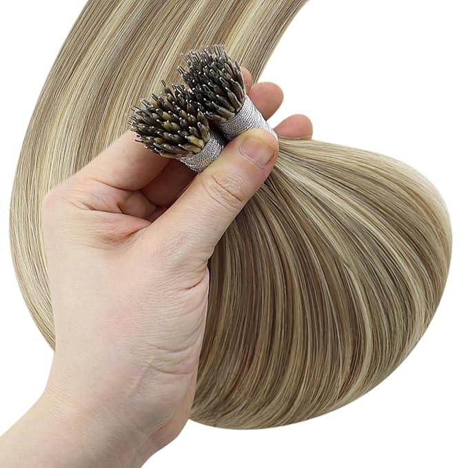 YoungSee Nano Extensions Human Hair Highlight Light Brown and Platinum Blonde Nano Ring Hair Extensions Remy Hair Nano-Link Hair Extension Brown for School Lightweight 24inch 50s 50g