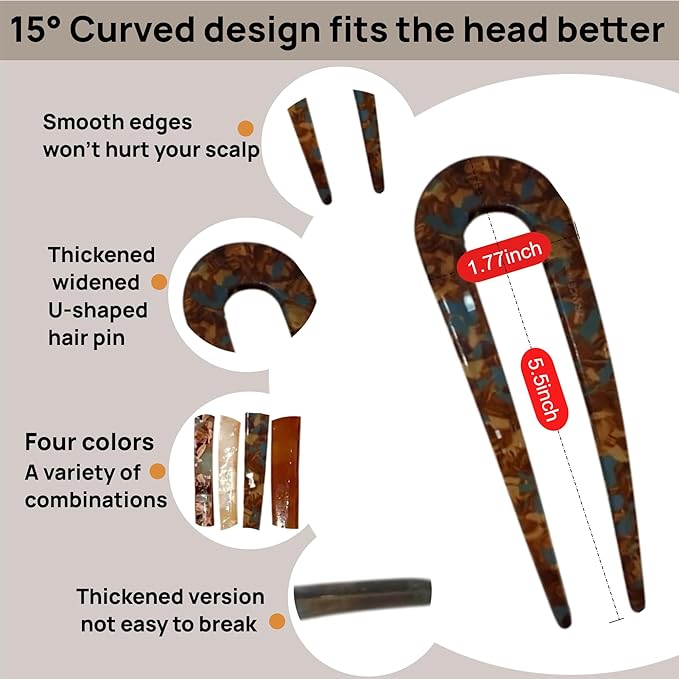 French Hair Pins for Women,U-Shaped Hair Pins,4Pc Twist Hair Stick,Suitable French Pins for Thick Hair(White,Brown,Dark Brown)