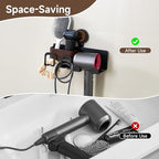 Hair Dryer Holder Wall Mount with Suction Cup, No-Drill Metal Blow Dryer Holder, Hair Accessories Tools Organizer Rack with 2 Toothbrush Hanger & Shelf, Walnut Finish for Bathroom