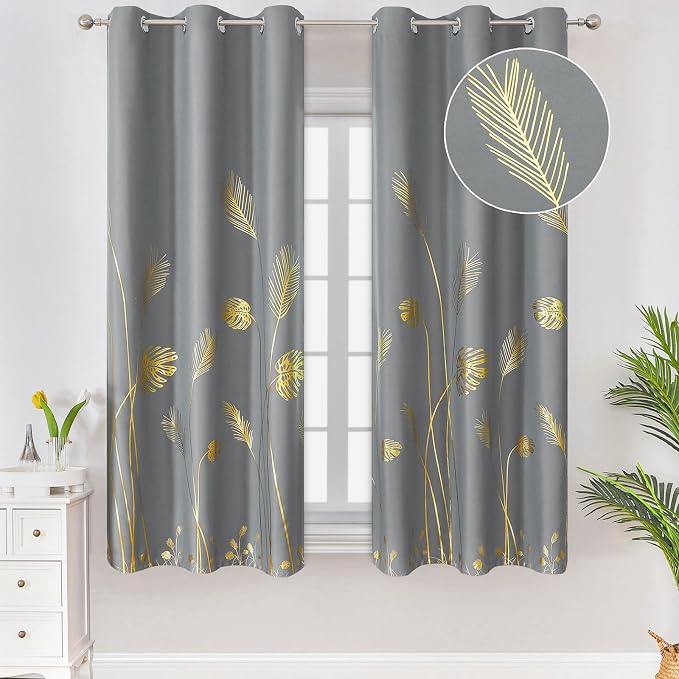 Grey Blackout Curtains 63 inch Length 2 Panels, Sunlight Blocking Palm Leaf and by ESTELARTEXTILER