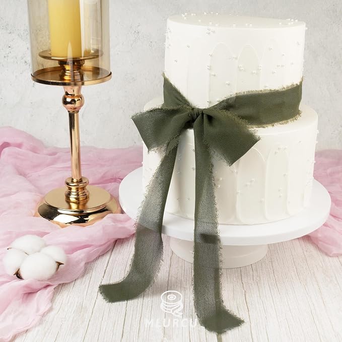 Handmade Olive Green/Olive Fringe Chiffon Silk Ribbon - Image 5