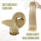 Full Shine Clip in Hair Extensions Human Hair Blonde Clip in Real Human Hair Extensions Honey Blonde Highlighted Platinum Blonde 120 G 16 Inch