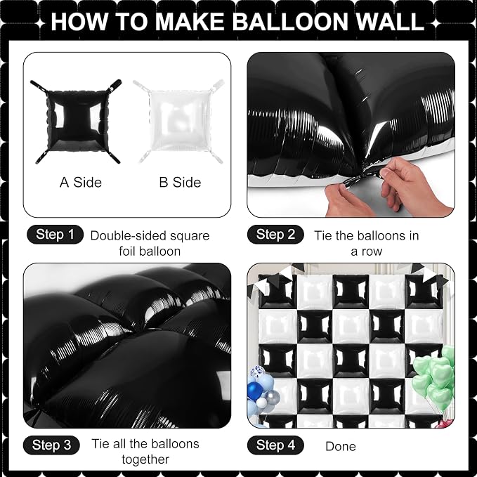Black and White Square Foil Balloons 25 Pcs Metallic Black and White Balloons - Image 3
