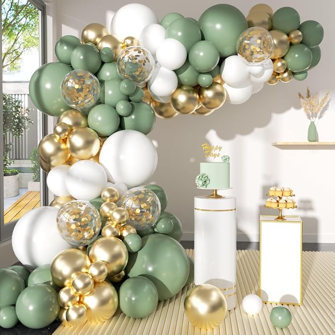 Sage Green White Gold Garland Arch Kit 173Pcs Latex Balloons - Image 2