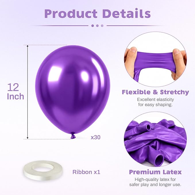 Metallic Purple Balloons, 12 Inch Chrome Purple Latex Party Balloon | 30 Pack - Image 2