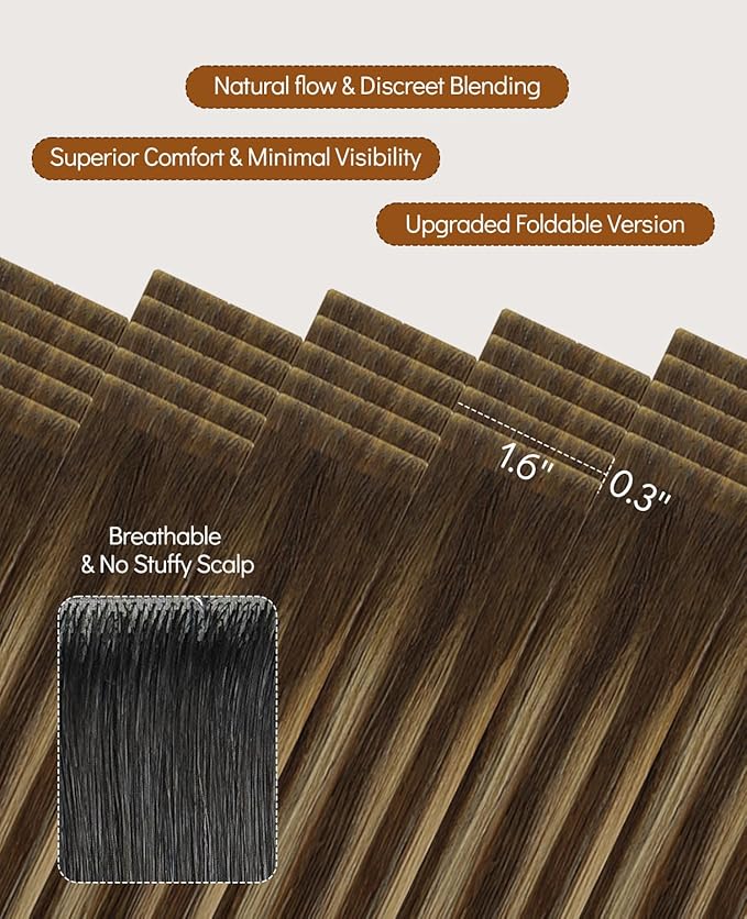 VINBAO Invisi Edge Tape in Extensions Balayage Dark Brown Mixed Caramel Blonde 20pcs 40g Injection Tape-ins Hair Extensions Rallonge Cheveux Humain 14inch #4/27/4