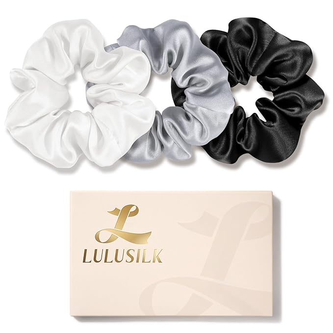 LULUSILK Silk Scrunchies for Hair Sleep, 100% Real Mulberry Silk, No Damage Hair Ties for Women and Girls, Black White and Silvergrey, Pack of 3