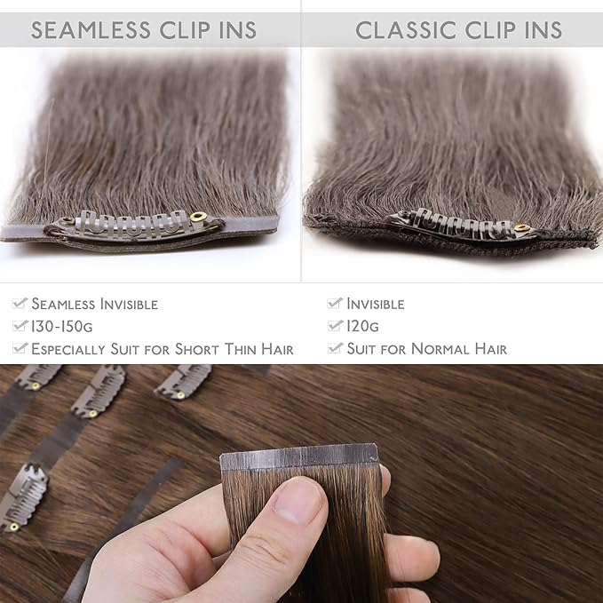 WENNALIFE Seamless Clip In Hair Extensions, 20 Inch 150g 7pcs Chocolate Brown Hair Extensions Clip in Human Hair Invisible PU Skin Weft Natural Remy Human Hair Extensions