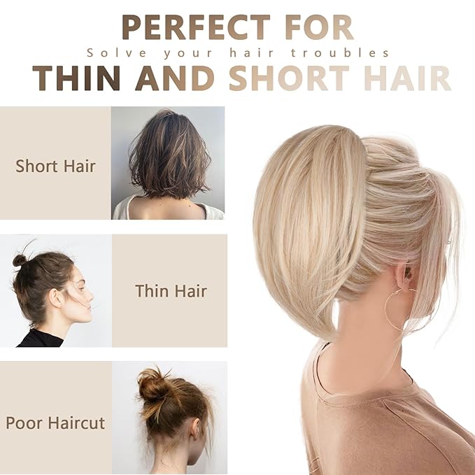 Clip on Ponytails for Women - 10 Inch Short Ponytail Extension, Straight Pony Tails Hair Extensions, Synthetic Hair Extensions Ponytail, Clip in Ponytail (Color: Ash Blonde with White Highlights)