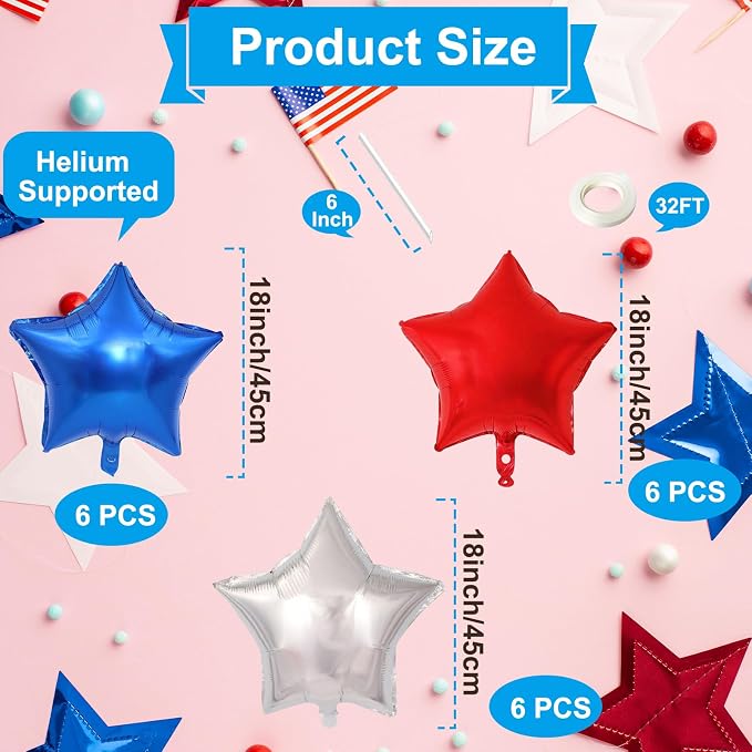 18 Pack 18 Inch Red White Blue Star Balloons, Metallic Foil Star-Shaped Helium - Image 2