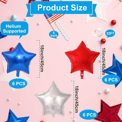 18 Pack 18 Inch Red White Blue Star Balloons, Metallic Foil Star-Shaped Helium - Image 2