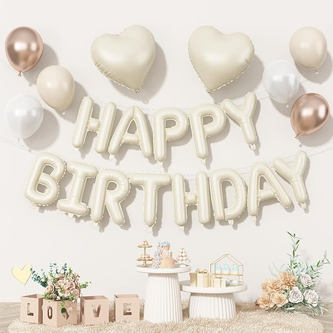 Happy Birthday Balloon Banner Cream, 16 Inch Beige Mylar Letters Heart Foil by Togvu