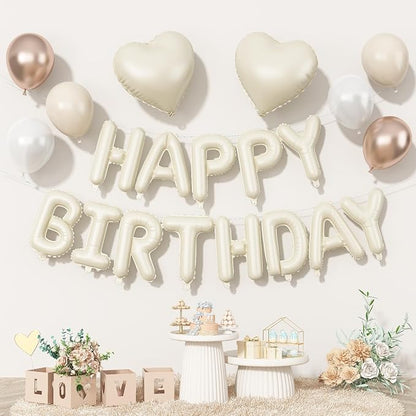 Happy Birthday Balloon Banner Cream, 16 Inch Beige Mylar Letters Heart Foil by Togvu