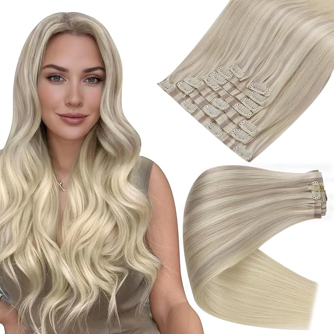 Full Shine Balayage Seamless Clip in Hair Extensions Ash Blonde Balayage Light Blonde Mix Platinum Blonde Hair Extensions for Thin Hair Washability 12 Inch 8 PCS 95 G