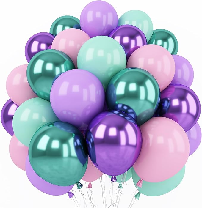 Mermaid Party Balloon Set, 60 Packs 12 Inches Metallic Purple Pink Green Blue by Togvu