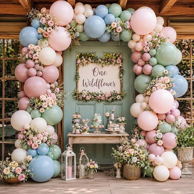 Pink Blue Green Balloons, 12 inch Dusty Green Pale Pink Beige Balloons - Image 6