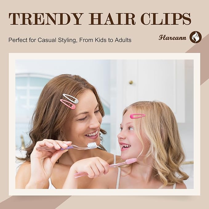 Glitter Pink Snap Hair Clips by FLAREANN – 36 PCS 2 Inch Non-Slip Metal Barrettes for Girls & Women in Glitter, Shimmer & Glossy Finishes – Cute Pink Hair Clips for Everyday Styling & Gifting