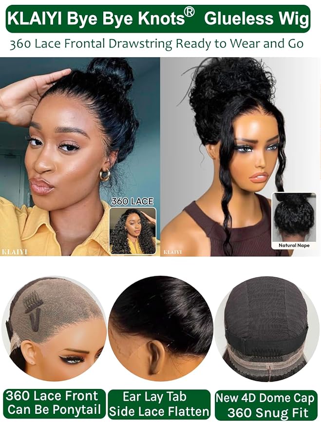 KLAIYI Water Wave Pre Cut 360 Full Lace Frontal Glueless Wig Human Hair Drawstring Pre Plucked Bleached Bye Bye Knots Pre Everything Ready to Wear And Go Curly Beginner Wig with Baby Hair 180% 26Inch